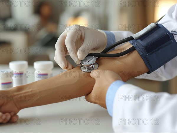 A man checks his blood pressure with a measuring device. Avoidance of bulk hypertension, scarcity, precaution, AI generated