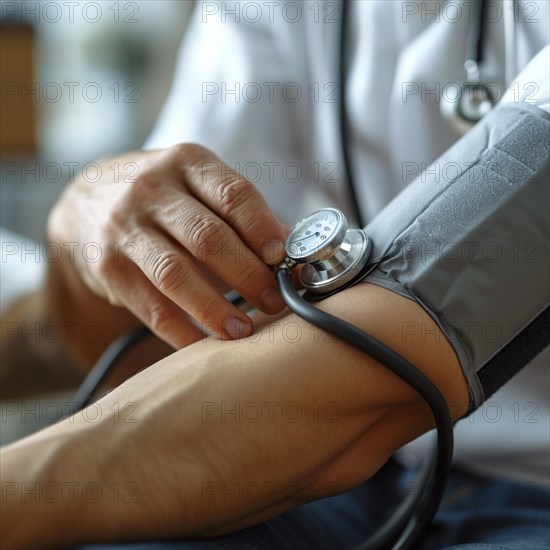 A man checks his blood pressure with a measuring device. Avoidance of bulk hypertension, scarcity, precaution, AI generated