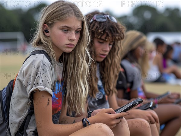 Several young people look bored at their cell phones, neglect social contacts, sport, reading, AI generated