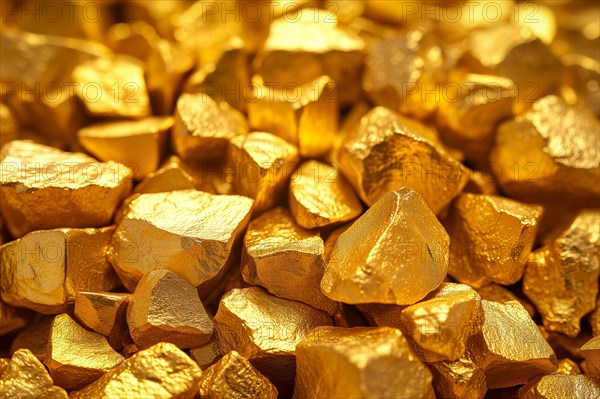 Pile of shiny glittering golden nuggets close up, AI generated