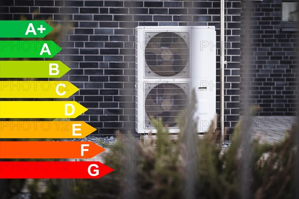 Heat pump hybrid heating in the front garden of a detached house, graphic with energy efficiency classes for buildings according to the GEG, Langenfeld, Germany, energy efficiency, Europe