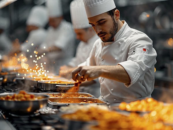 Chefs in a commercial kitchen at work, AI generated