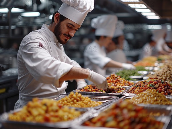 Chefs in a commercial kitchen at work, AI generated