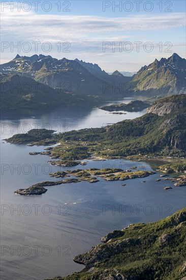 Fjord Raftsund and mountains, view from the top of Dronningsvarden or Stortinden, Vesteralen, Norway, Europe