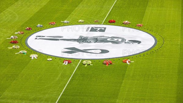 Banner with Franz Beckenbauer and wreaths of flowers, funeral service of FC Bayern Munich for Franz Beckenbauer, Allianz Arena, Froettmaning, Munich, Upper Bavaria, Bavaria