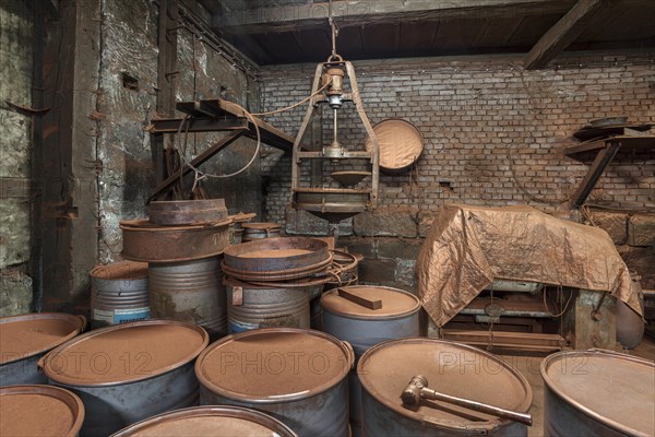 Bronze powder production room with filling bins in a metal powder mill, founded around 1900, Igensdorf, Upper Franconia, Bavaria, Germany, metal, factory, Europe