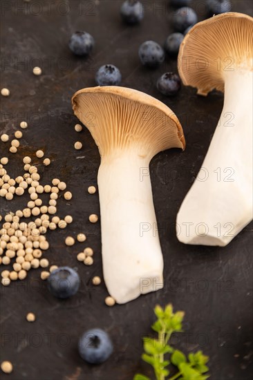 King Oyster mushrooms or Eringi (Pleurotus eryngii) on black concrete background with blueberry, herbs and spices. Side view, selective focus