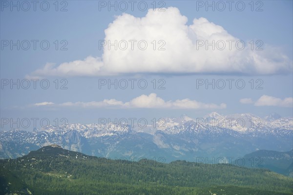Amazing mountains panorama from 5 Fingers viewing platform in the shape of a hand with five fingers on Mount Krippenstein in the Dachstein Mountains of Upper Austria, Salzkammergut region, Austria, Europe