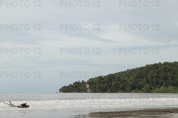 Bako national park, sea sandy beach, overcast, cloudy day, sky and sea. Vacation, travel, tropics concept, no people, Malaysia, Kuching, Asia