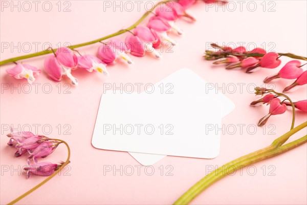 White business card with pink dicentra, broken heart flowers on pink pastel background. side view, copy space, mockup, template, spring, summer minimalism concept