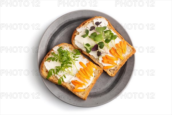 White bread sandwiches with cream cheese, calendula petals and microgreen radish and tagetes isolated on white background. top view, flat lay, close up