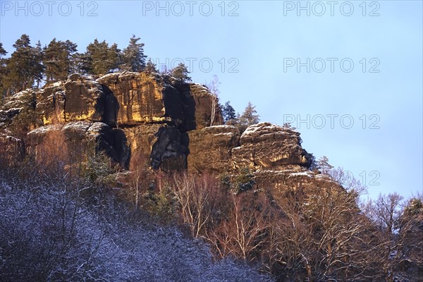 Elbe Sandstone Mountains in winter, Rauenstein, Saxony, Germany, Europe