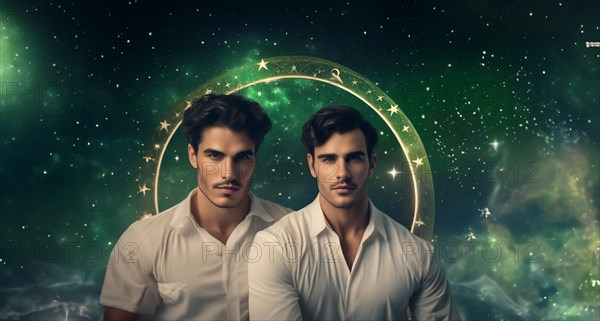 Young man Gemini by zodiac sign with dark hair and green eyes against the background of the starry sky.AI generated