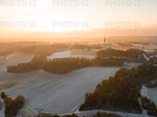 Winter agricultural landscape at sunrise with a wide view and soft light, Gechingen, Black Forest, Germany, Europe