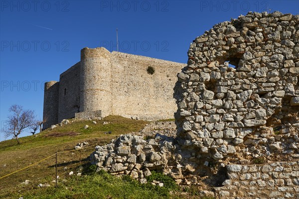 The ruins of an ancient castle, inner castle with a clear blue sky in the background, Chlemoutsi, High Medieval Crusader Castle, Kyllini Peninsula, Peloponnese, Greece, Europe