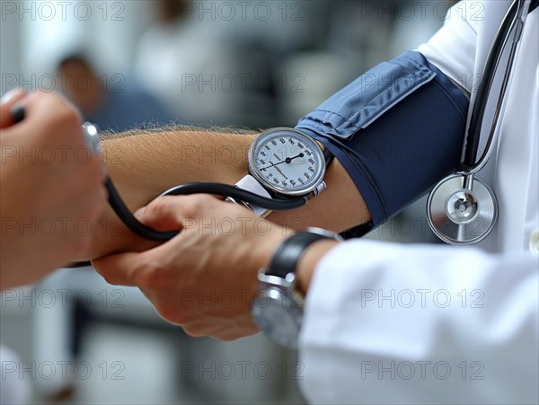 A man checks his blood pressure with a measuring device. Avoidance of bulk hypertension, scarcity, precaution, AI generated