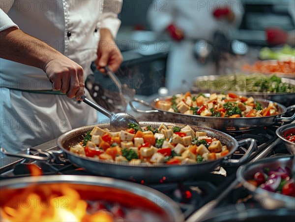 Chefs in a commercial kitchen at work, AI generated