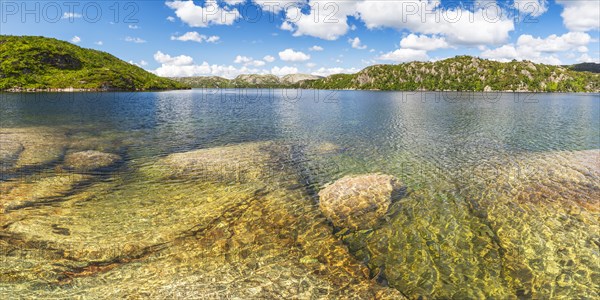 Lake Kvennevatnet, landscape format, inland water, shore, mountain, reservoir, landscape photo, nature photo, panoramic photo, clouds, summer, Aseral, Agder, Norway, Europe