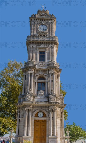 Four story clock tower in Istanbul park commissioned by Sultan Abdulhamid II in the early 19th century in Istanbul, Tuerkiye