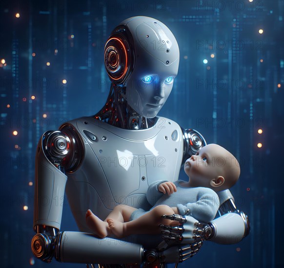 Science fiction, technology, a humanoid robot has a human baby in its arms, AI generated, AI generated