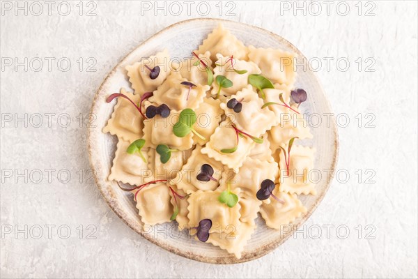 Dumplings with pepper, salt, herbs, microgreen on gray concrete background. Top view, flat lay, close up