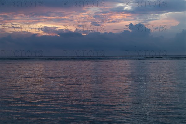 Lombok and Gili Air islands, overcast, cloudy day, sky and sea. Vacation, travel, tropics concept, no people. Sunset, sand beach