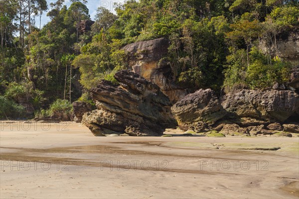 Cliff in Bako national park, sunny day, blue sky and sea. Vacation, travel, tropics concept, no people, Malaysia, Kuching, Asia