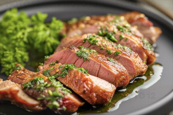 Succulent roast duck breast with parsley juice served on a dark platter, KI generated, AI generated