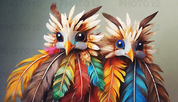 Funny colourful masks made of feathers, faces of two birds, portrait, painting, digital art, AI generated, AI generated