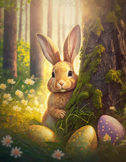 Cute bunny character hiding behind a tree in the green forest with Easter eggs among blooming flowers. Generative AI art, AI generated