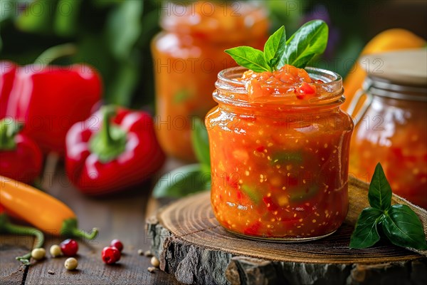 An open jar of homemade red pepper jam, garnished with fresh basil, KI generated, AI generated