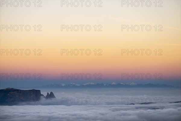 Sea of fog with Dolomite peaks in the background at blue hour, Corvara, Dolomites, Italy, Europe