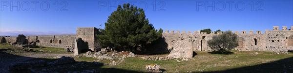 Panoramic picture of an old fortress, Chlemoutsi, High Medieval Crusader castle, Kyllini peninsula, Peloponnese, Greece, Europe
