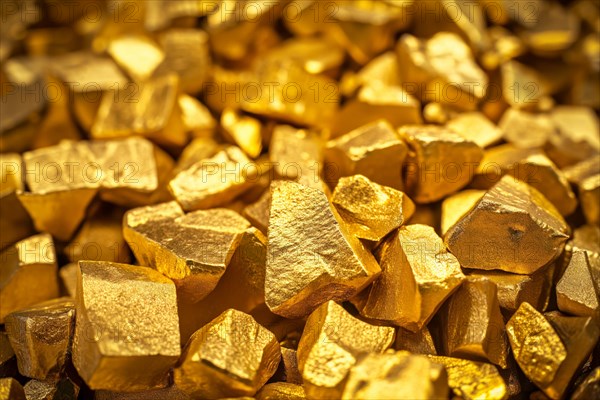 Pile of shiny glittering golden nuggets close up, AI generated