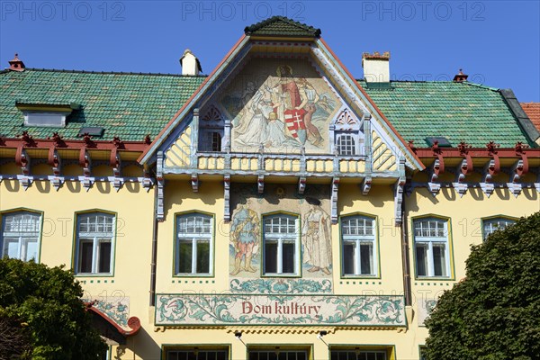 Detailed view of an Art Nouveau cultural centre with relief-like murals on a sunny day, House of Culture, House of Culture, Skalica, Skalica, Trnavsky kraj, Slovakia, Europe