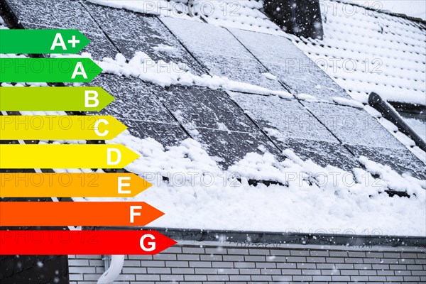 Solar panels covered with snow on the roof of a house, graphic with energy efficiency classes for buildings according to the GEG, Essen, Germany, energy efficiency, Europe