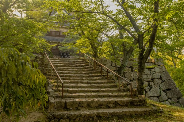Stairs of boulders on hillside in nature park in Hiroshima, Japan, Asia