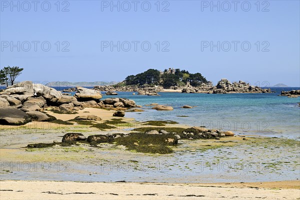 Bay of the pink granite coast with sandy beach and boulders, Tregastel, Cotes-d'Armor, Brittany, FranceBoulders on the beach of the pink granite coast
