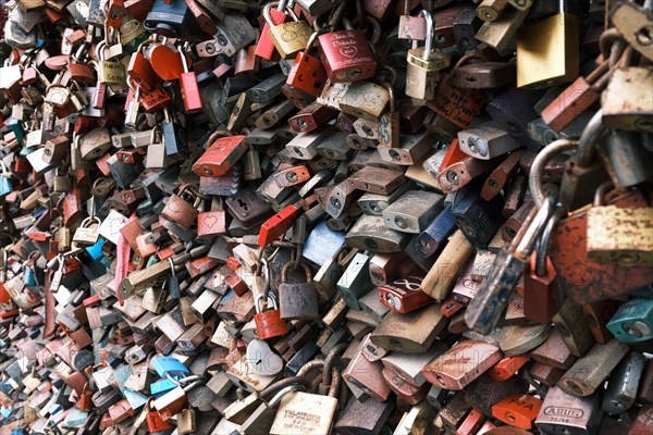 Love locks on a bridge over the Rhine, Cologne, Germany, Europe