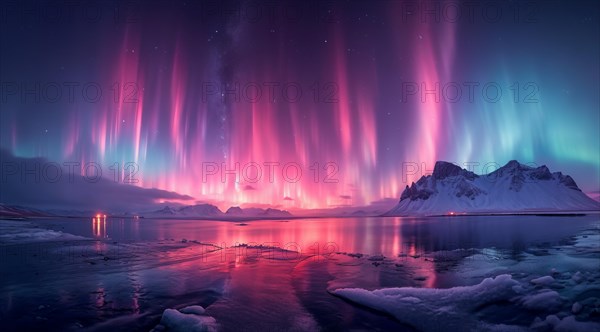 Ethereal pink and blue aurora borealis over a tranquil icy landscape with mountain reflections, AI generated