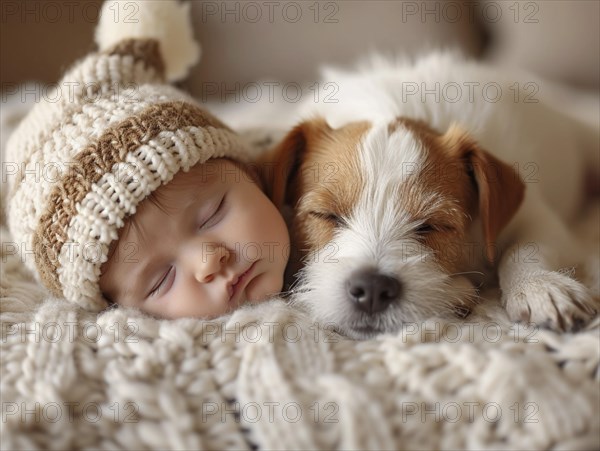 A newborn baby nestled in warm blankets, small dog next to it, ai generated, AI generated