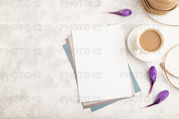 White paper sheet mockup with spring snowdrop crocus flowers and cup of coffee on gray concrete background. Blank, business card, top view, flat lay, copy space, still life. spring concept
