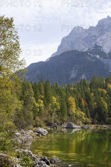 Zugspitze massif and Zugspitze with Eibsee lake, Wetterstein mountains, Grainau, Werdenfelser Land, Upper Bavaria, Bavaria, Germany, Europe