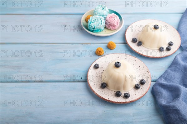 White milk jelly with blueberry on blue wooden background and blue linen textile. side view, copy space