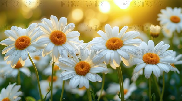 Fresh Angelita daisies with white petals and yellow centers highlighted by sunlight and bokeh, AI generated