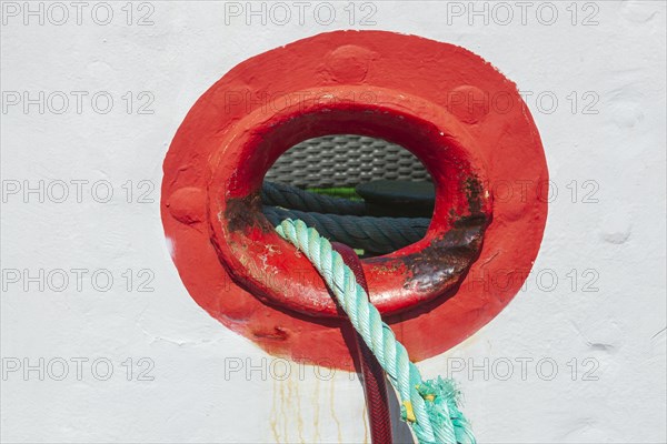 Ship stowage with round opening on an old ship in Varel harbour, Varel, Lower Saxony, Germany, Europe