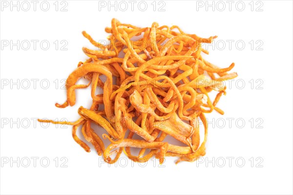 Fresh Cordyceps militaris mushrooms isolated on white background. Top view, flat lay, copy space