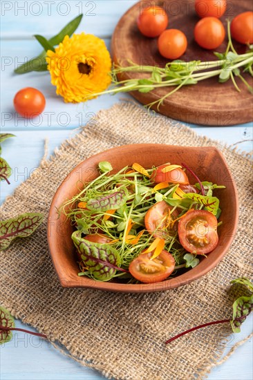 Vegetarian vegetables salad of tomatoes, marigold petals, microgreen sprouts on blue wooden background and linen textile. Side view, close up