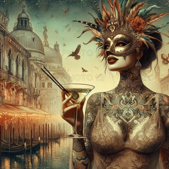Digital artwork of a person in Venice scape featuring gondolas and landmarks, holding a martini with an ornate costume and mask for mardy grass celebration, ai generated, AI generated