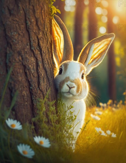 Cute rabbit hiding behind a tree in the forest. Generative AI art, AI generated